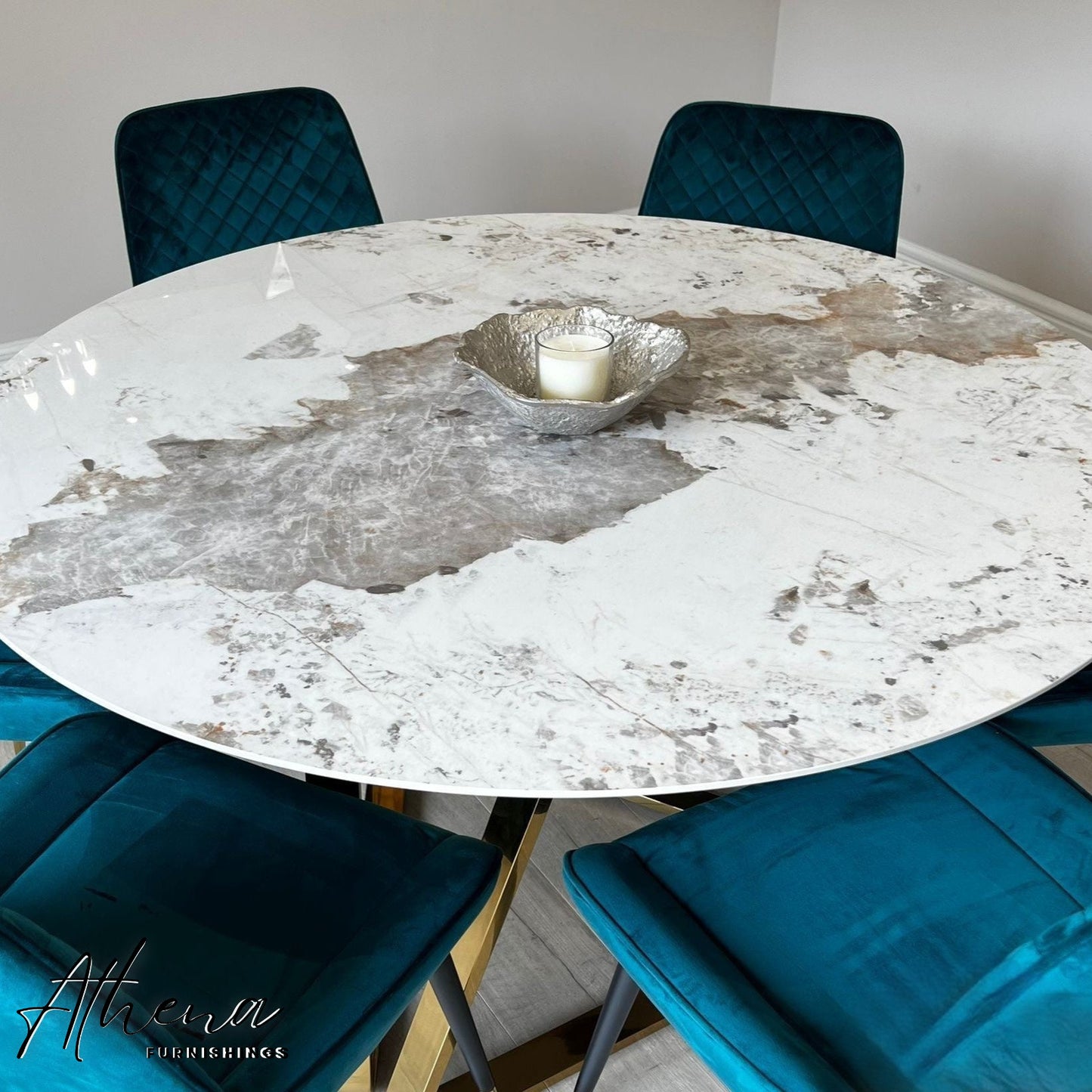 Abingdon Gold Circular White Sintered Stone Dining table with Teal Windsor Chairs