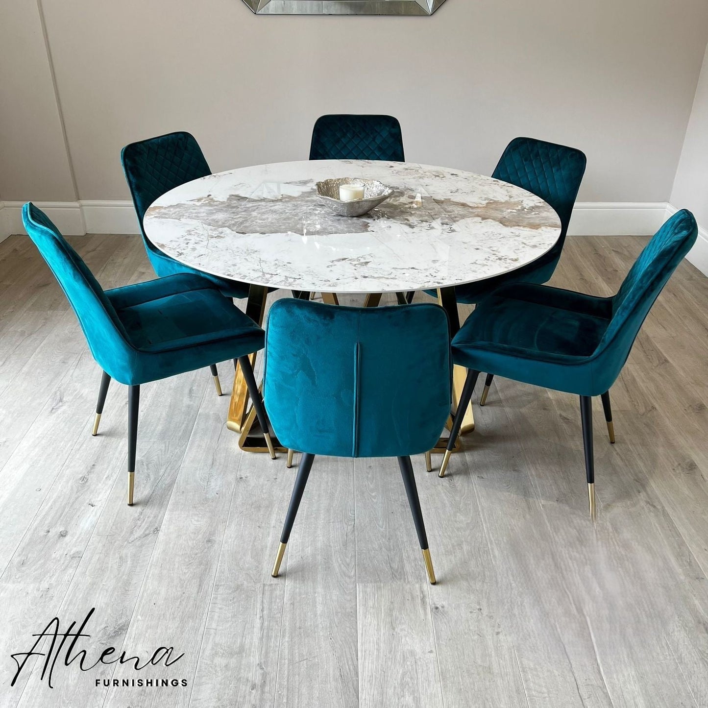 Abingdon Gold Circular White Sintered Stone Dining table with Teal Windsor Chairs