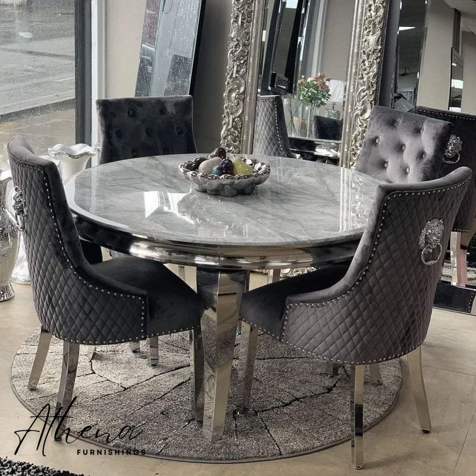 Skipton Circular Chrome Grey Marble Table with 4x Grey Carlisle Chairs