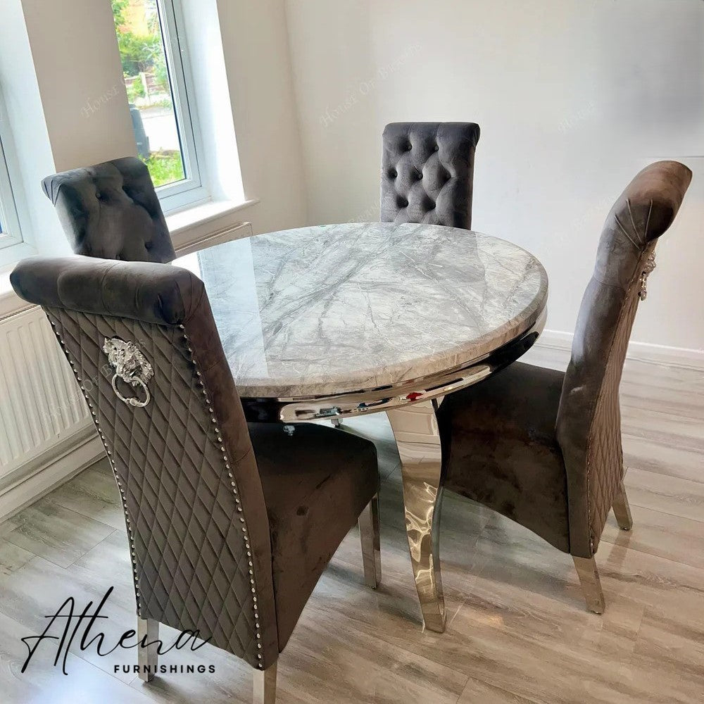 Skipton Circular Chrome White Marble Dining Table with 4x Grey Gloucester Chairs