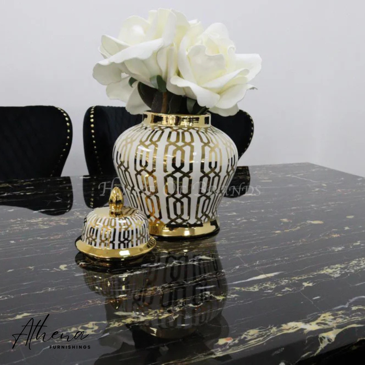 Skipton Chrome Black and Gold Marble Dining Table