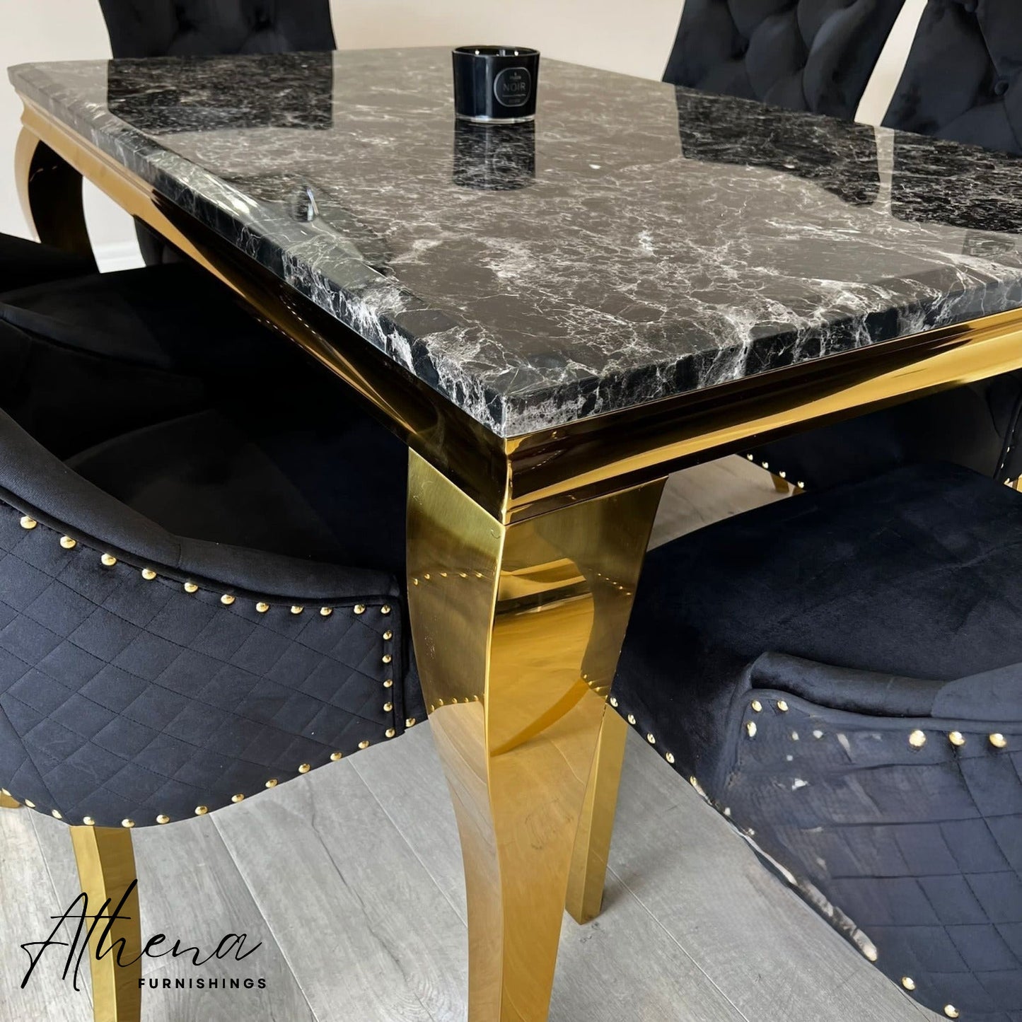 Skipton Gold 1.5M Black Marble Dining Table