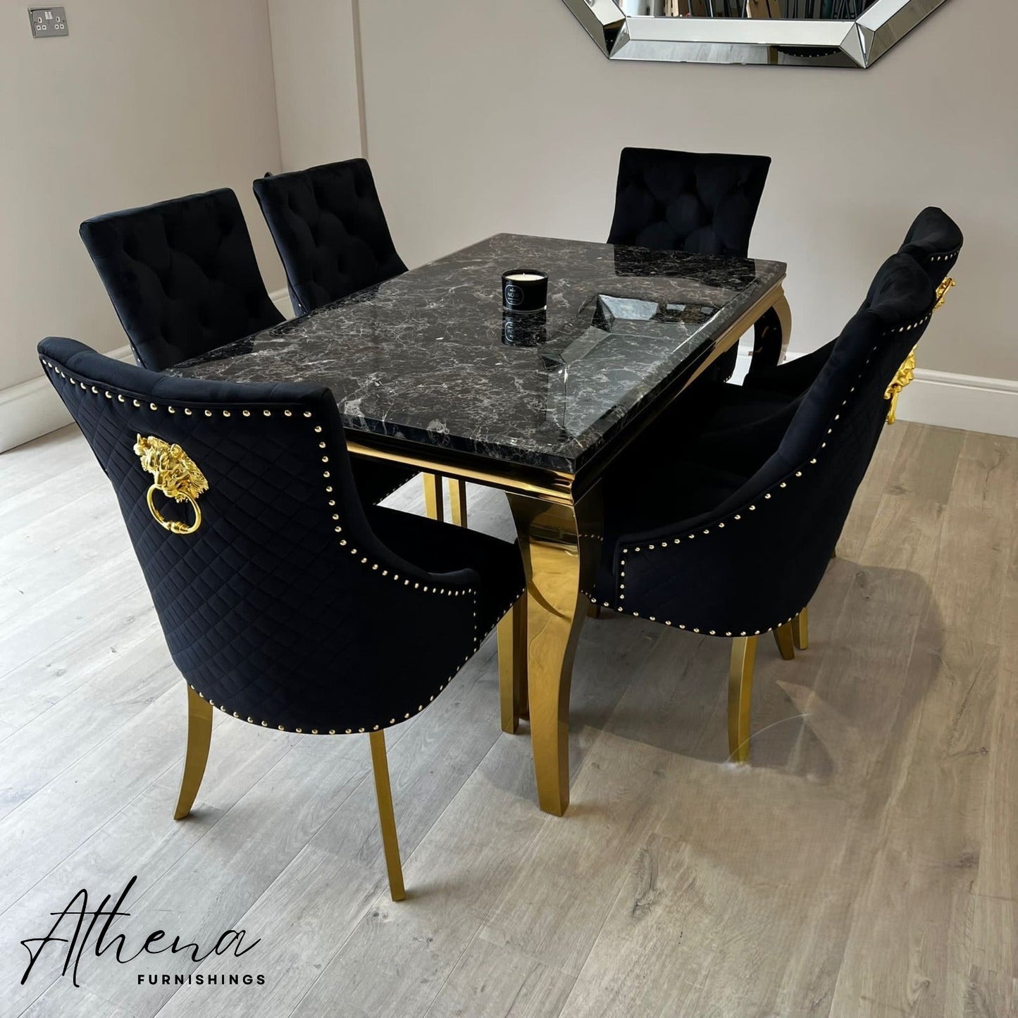 Skipton Gold Black Marble Dining Table with Black and Gold Carlisle Chairs