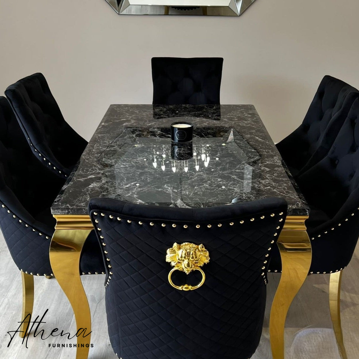 Skipton Gold Black Marble Dining Table with Black and Gold Carlisle Chairs