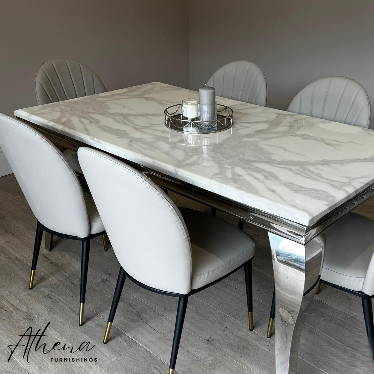 Skipton Chrome White Marble Dining Table with Beige Maldon Chairs