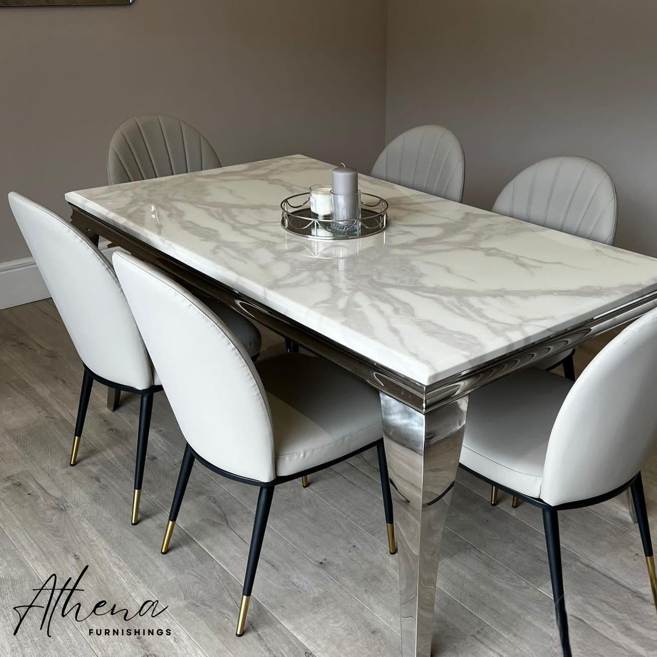 Skipton Chrome White Marble Dining Table with Beige Maldon Chairs