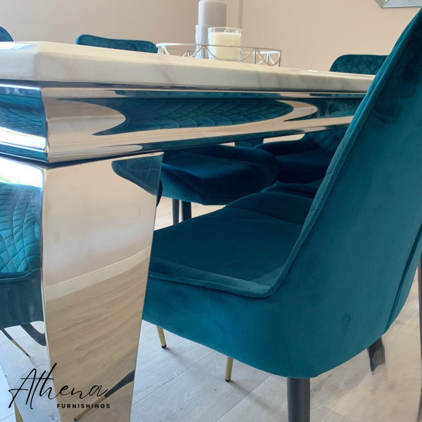 Skipton Chrome White Marble Dining Table with Teal Windsor Chairs