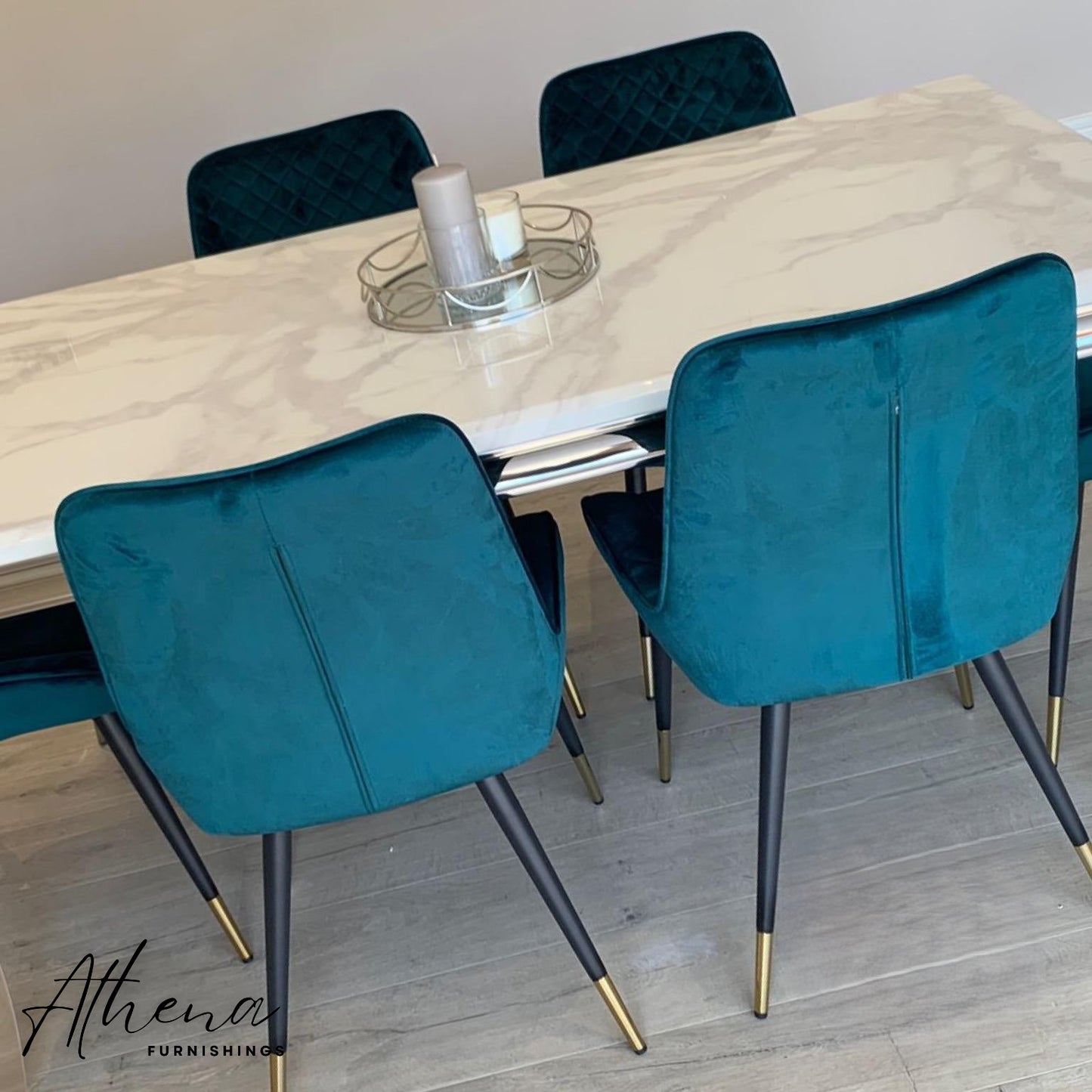 Skipton Chrome White Marble Dining Table with Teal Windsor Chairs