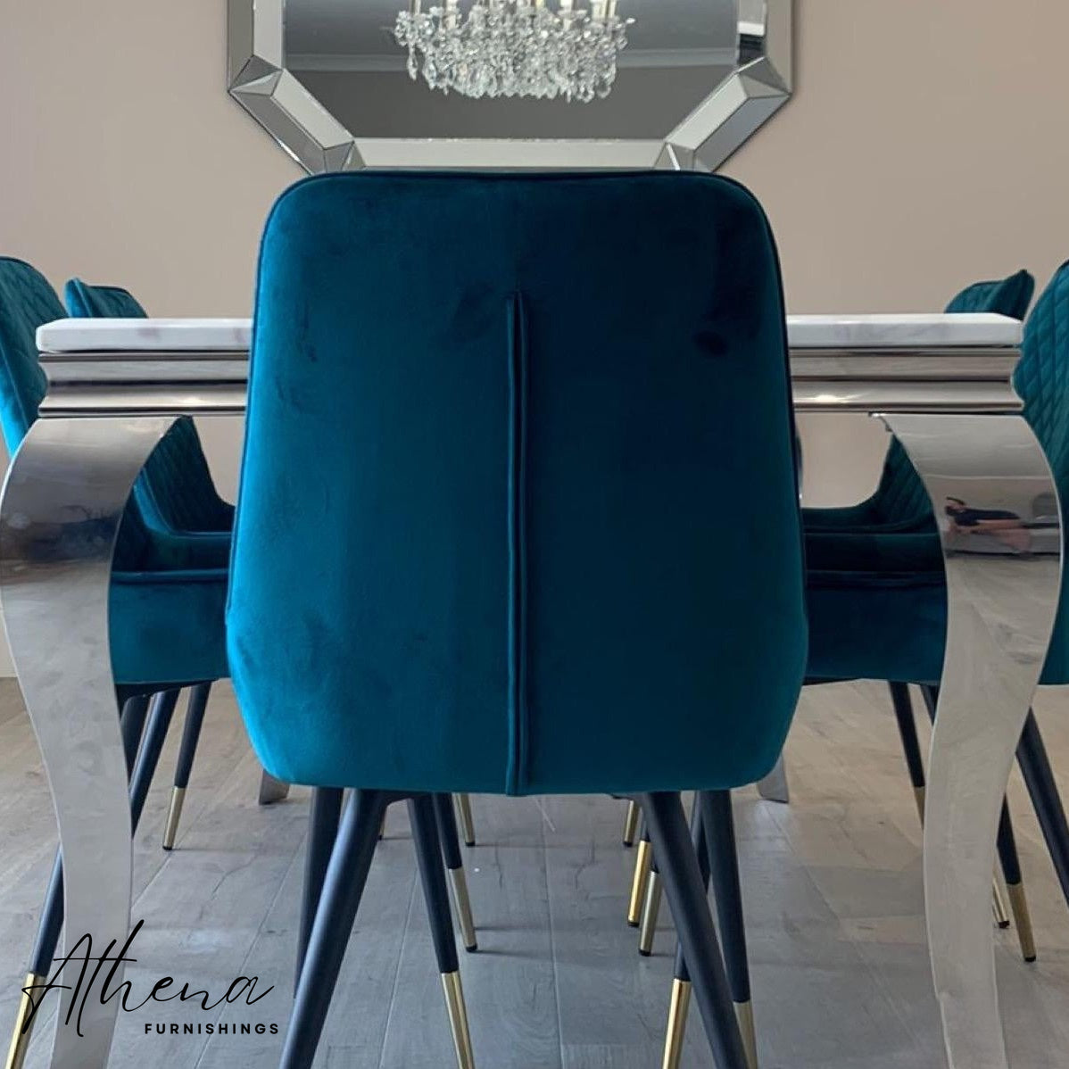 Skipton Chrome White Marble Dining Table with Teal Windsor Chairs