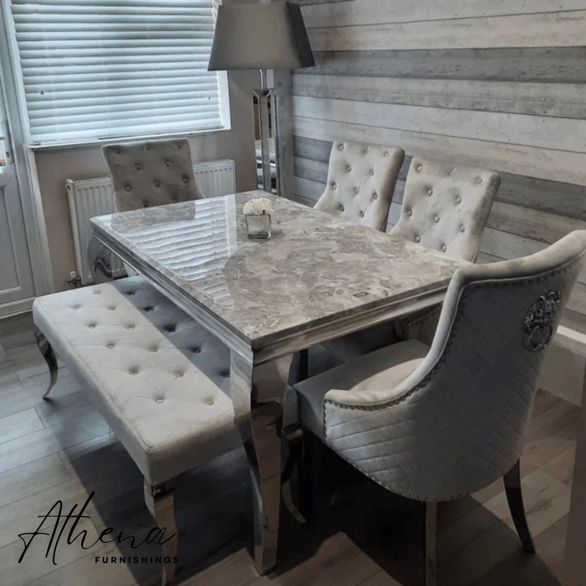 Skipton Chrome Light Grey Marble Dining Table