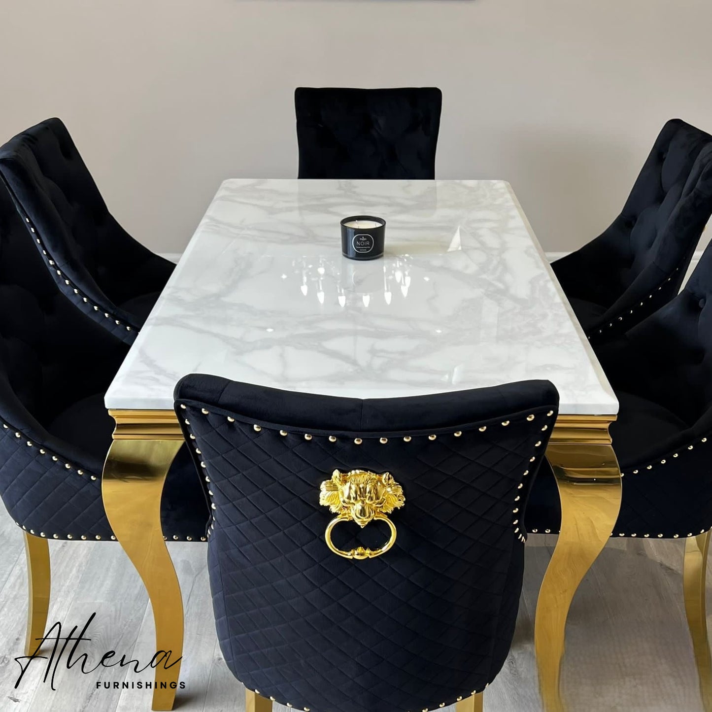 Skipton Gold White Marble Dining Table with Black and Gold Carlisle Chairs