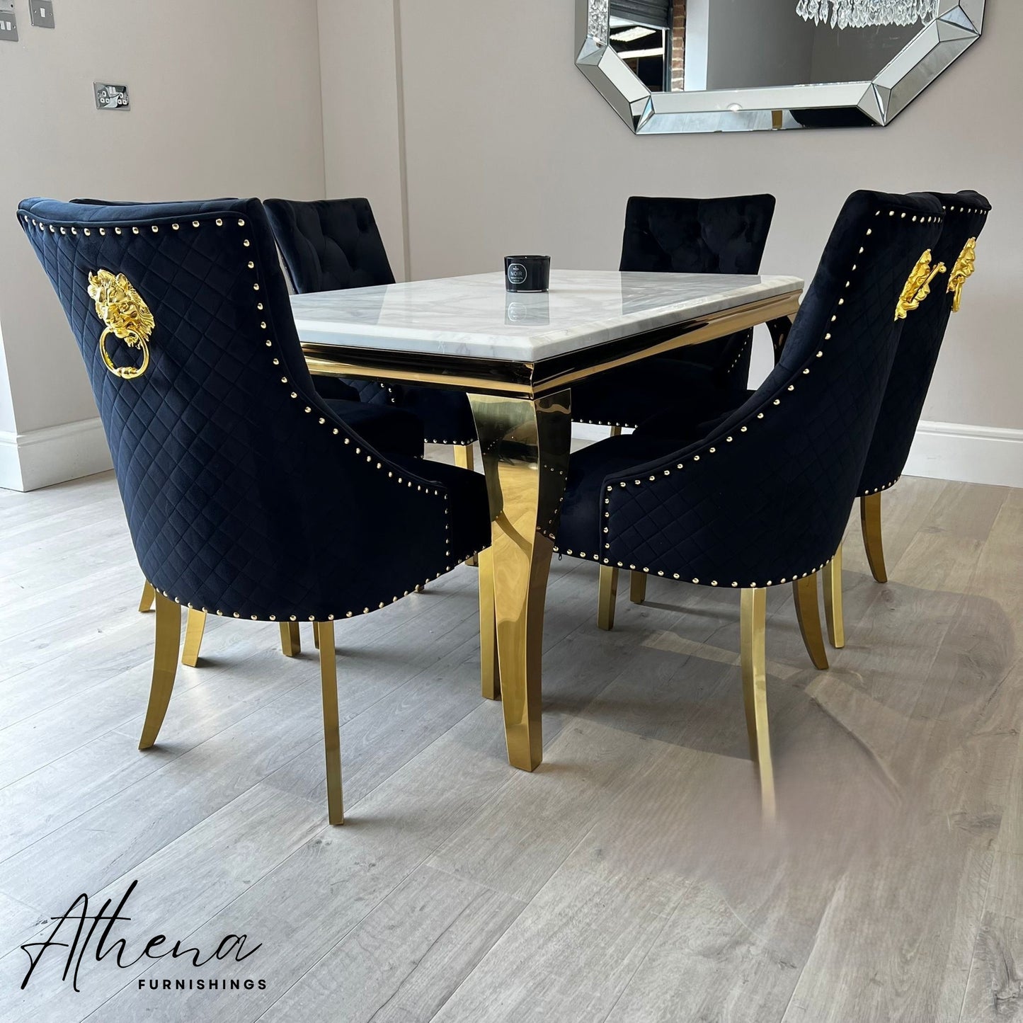 Skipton Gold White Marble Dining Table with Black and Gold Carlisle Chairs