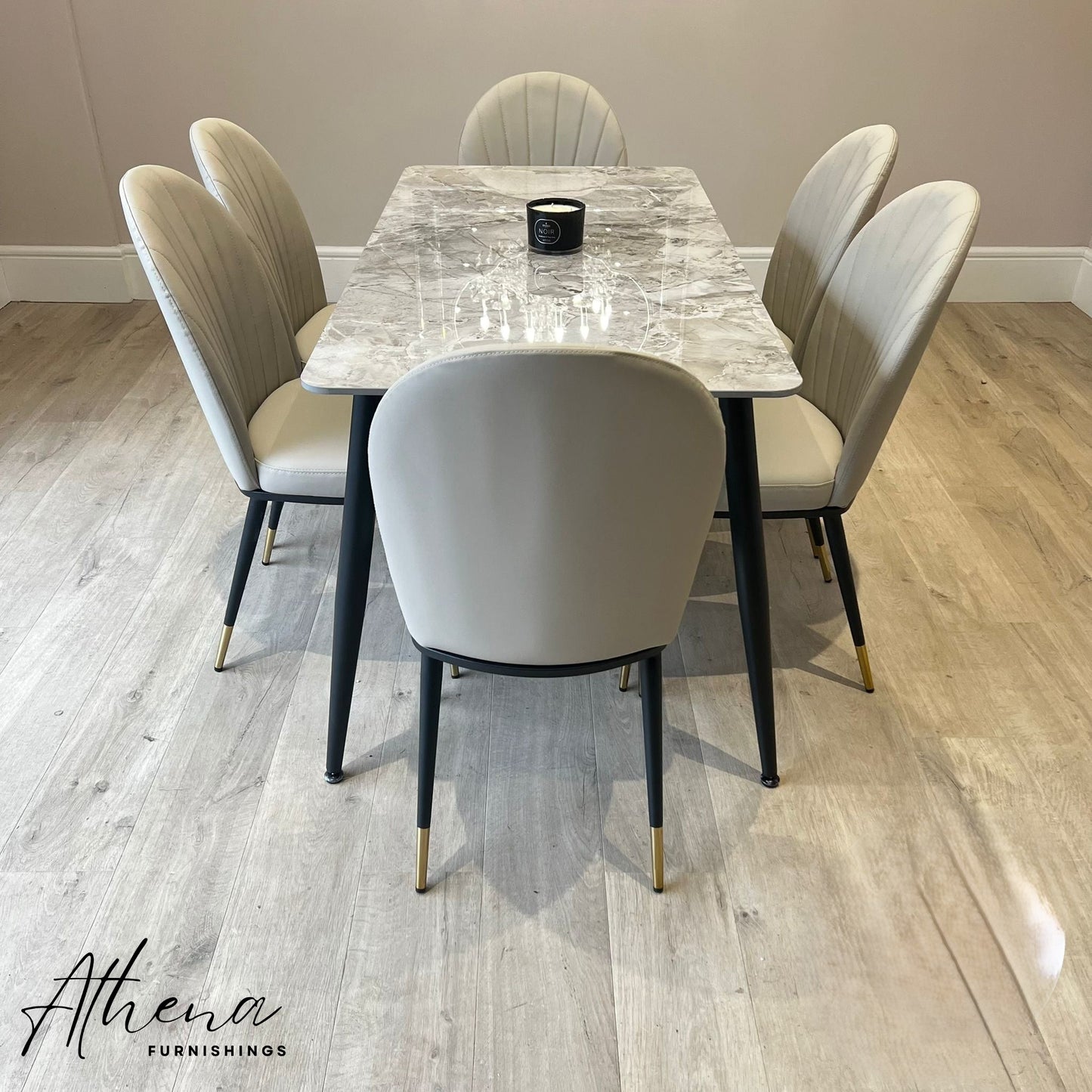 Tewkesbury Grey Sintered Stone Dining Table with Beige Maldon Chairs