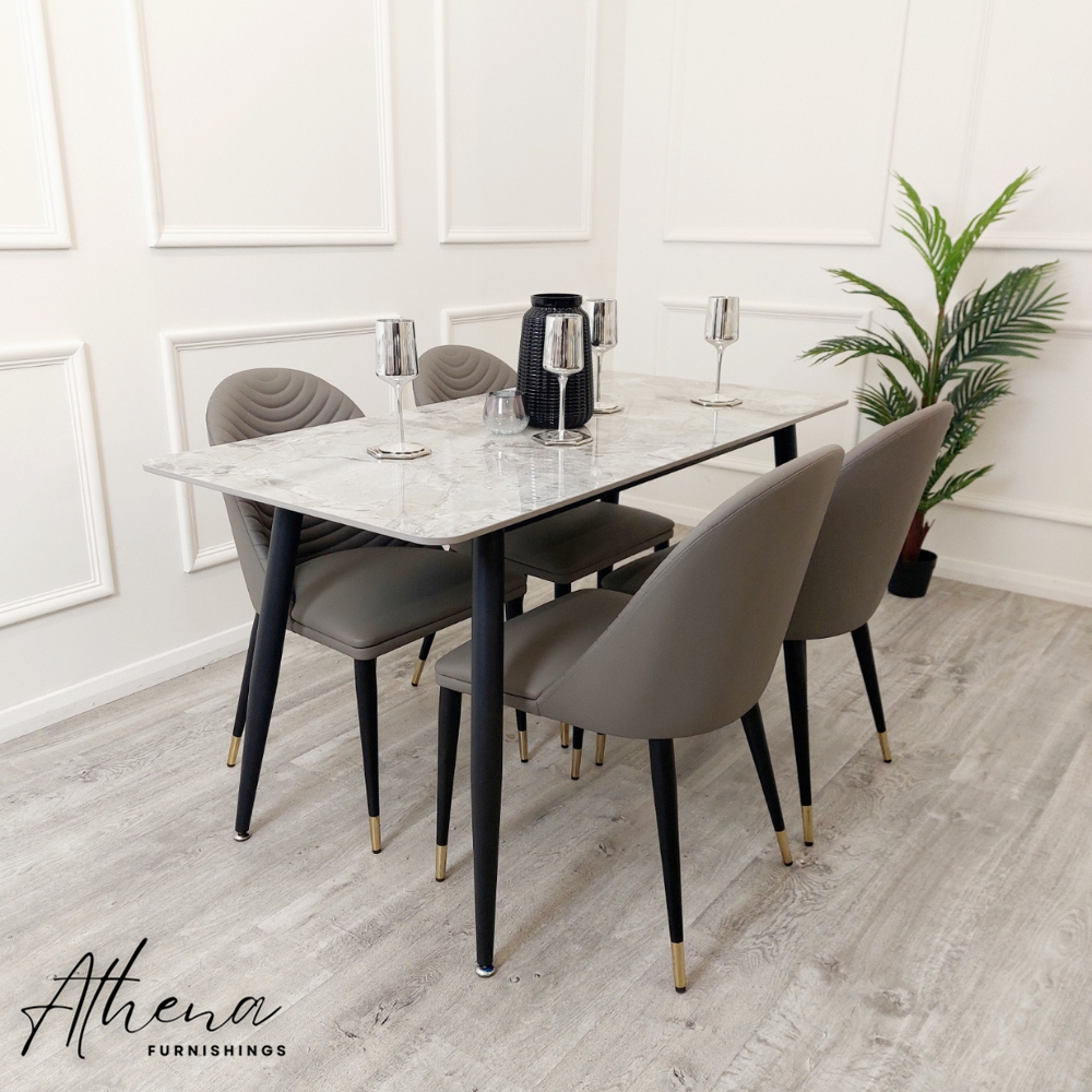 Tewkesbury Grey Sintered Stone Dining Table with Khaki Wells Chairs