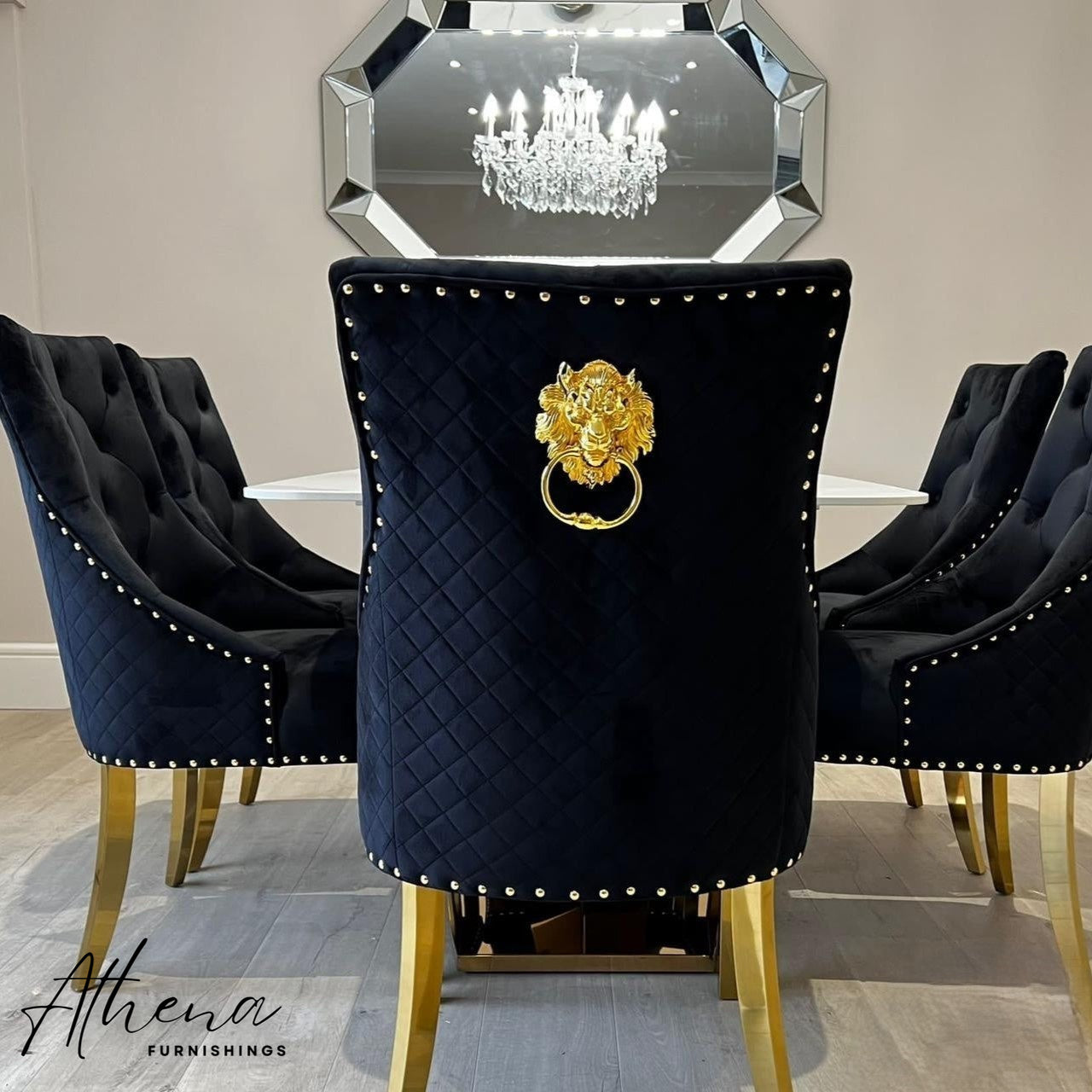 Lymington Gold White Sintered Stone Dining Table with Black Carlisle Gold Chairs