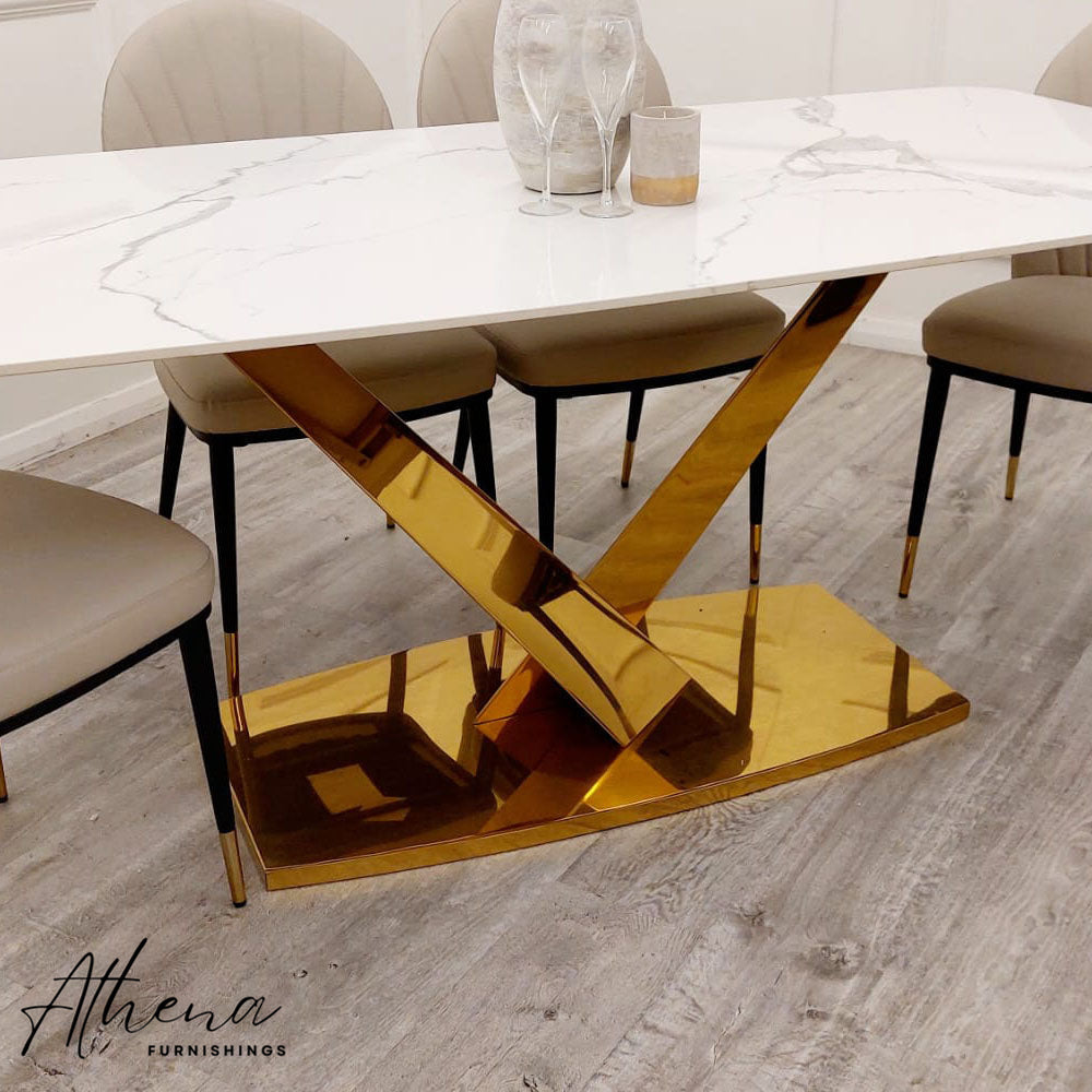 Lymington Gold White Sintered Stone Dining Table with Grey Maldon Chairs